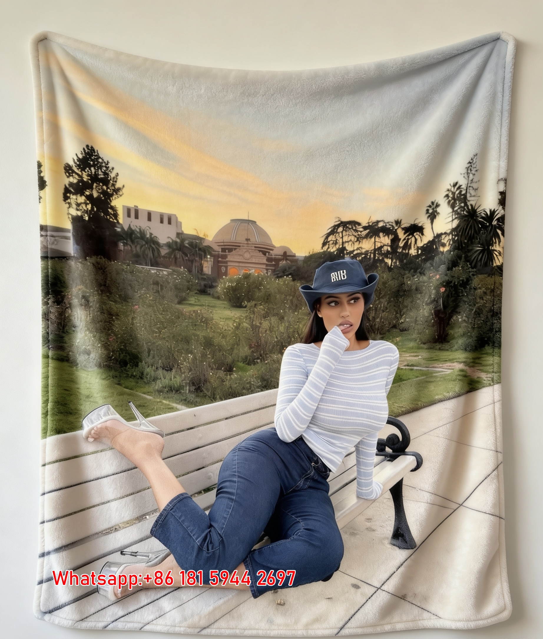 Miumiu Light Blue White Denim Blue Flannel Sofa Throw Blanket – Printed Park Sunset Fashion Look IMG_0548